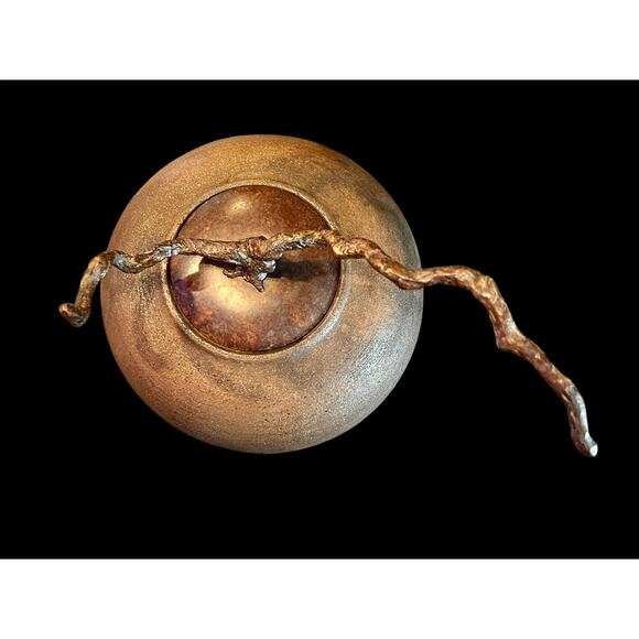 Carol Green Studio Pottery Lidded Jar-Bronze Vine Finial-Art-Raku Clay-Wabi Sabi - Picture 5 of 10